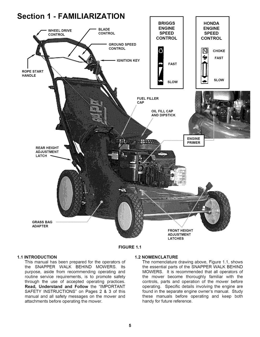 Snapper RP2167517BVE important safety instructions Briggs, Introduction Nomenclature Honda Engine Speed Control 