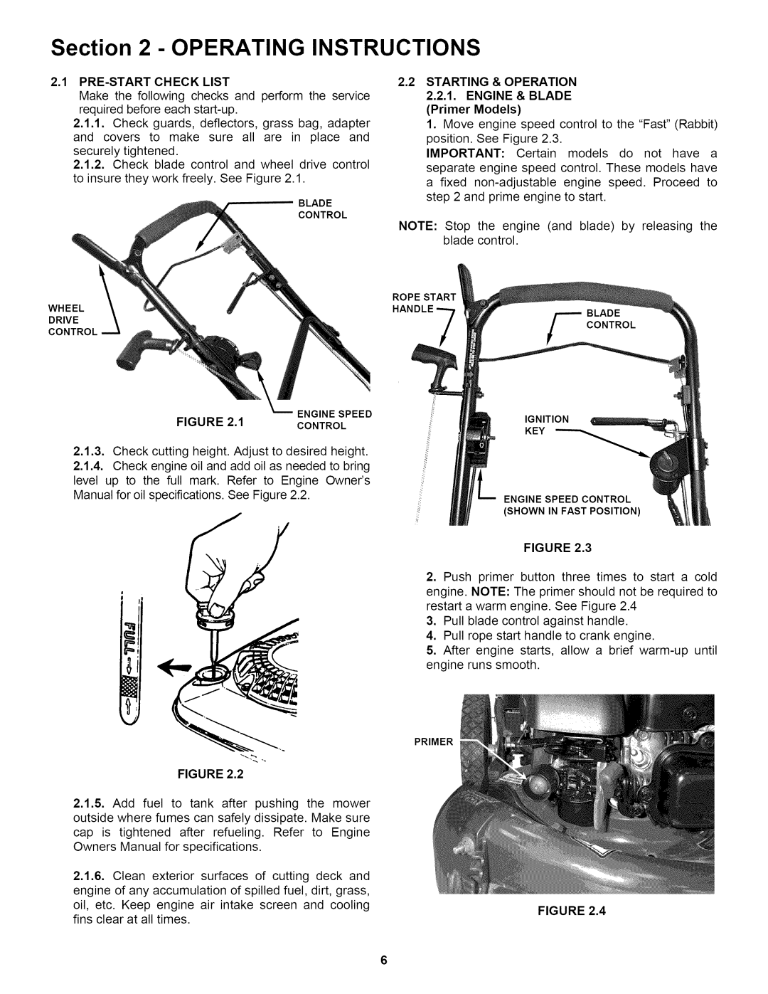 Snapper RP2167517BVE important safety instructions PRE-START Check List, Starting & Operation Engine & Blade, Primer Models 