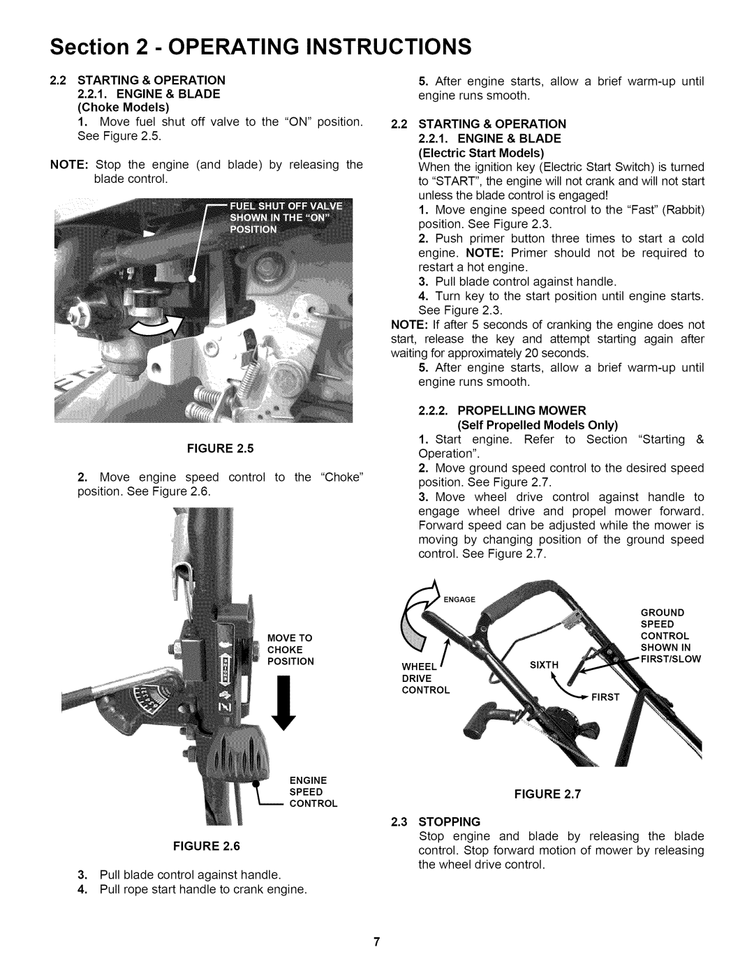 Snapper RP2167517BVE important safety instructions Starting & Operation 2.2.1. Engine & Blade, Propelling Mower, Stopping 