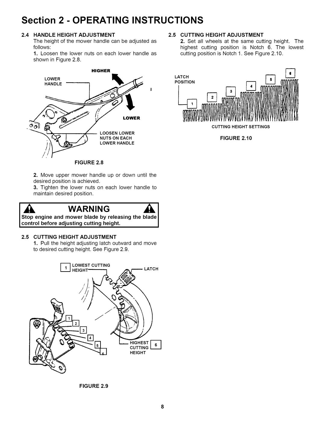 Snapper RP2167517BVE important safety instructions Handle Height Adjustment, Cutting Height Adjustment 