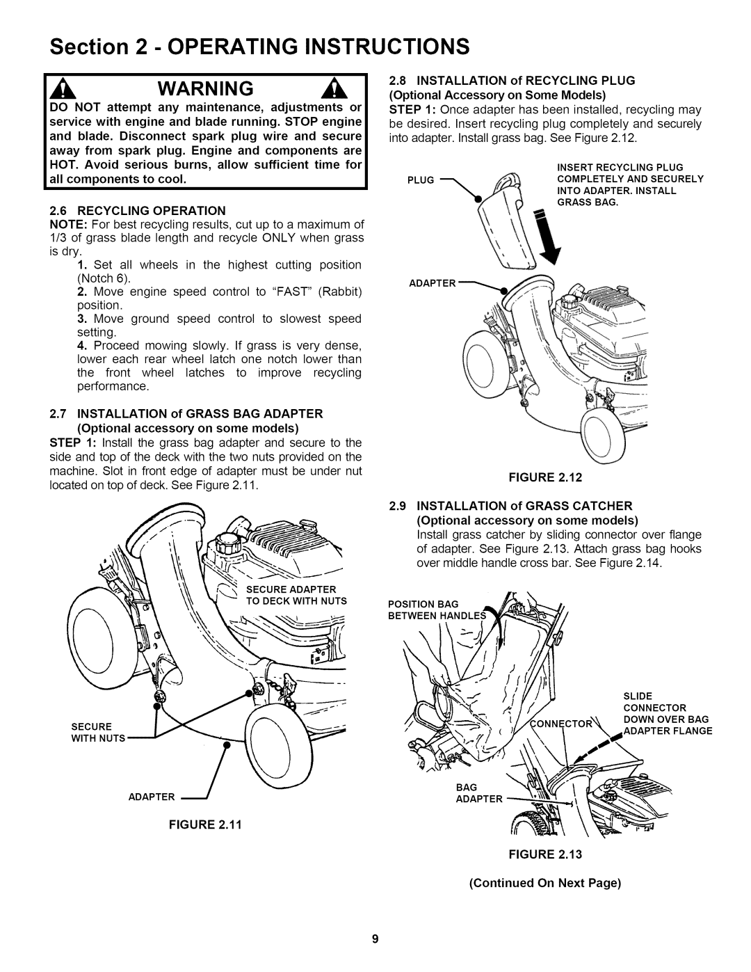 Snapper RP2167517BVE important safety instructions Recycling Operation, On Next 