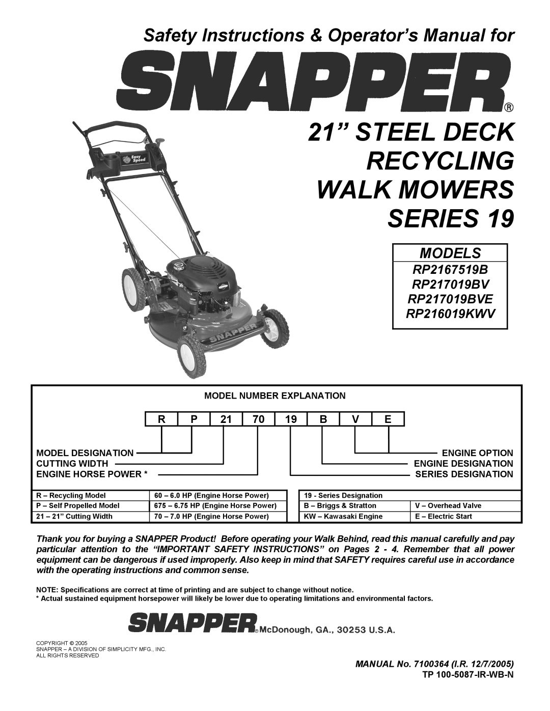 Snapper RP217019BVE, RP2167519B important safety instructions Engine Option, Engine Designation, Series Designation 