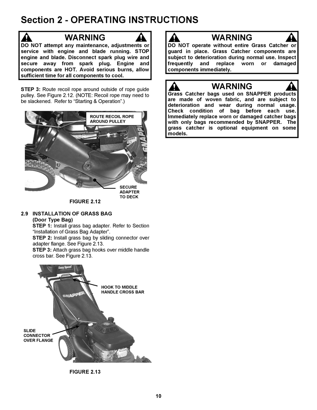 Snapper RP2167519B, RP217019BVE, RP216019KWV important safety instructions Installation of Grass BAG Door Type Bag 