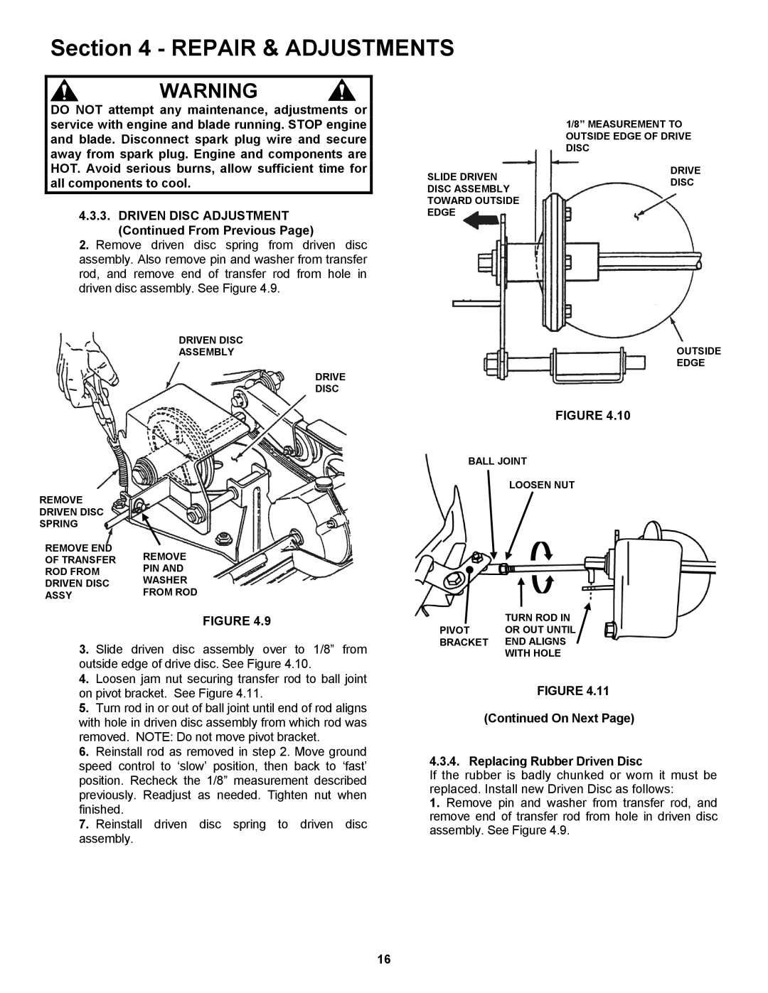 Snapper RP2167519B, RP217019BVE, RP216019KWV important safety instructions On Next Replacing Rubber Driven Disc 