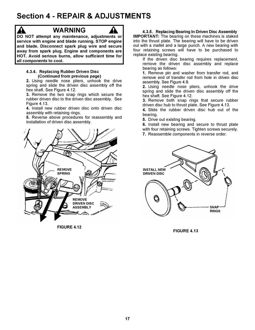 Snapper RP217019BVE, RP2167519B, RP216019KWV important safety instructions Repair & Adjustments 