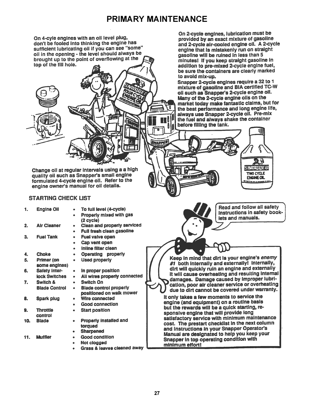 Snapper RP216019KWV, RP2167519B, RP217019BVE important safety instructions Primary Maintenance 