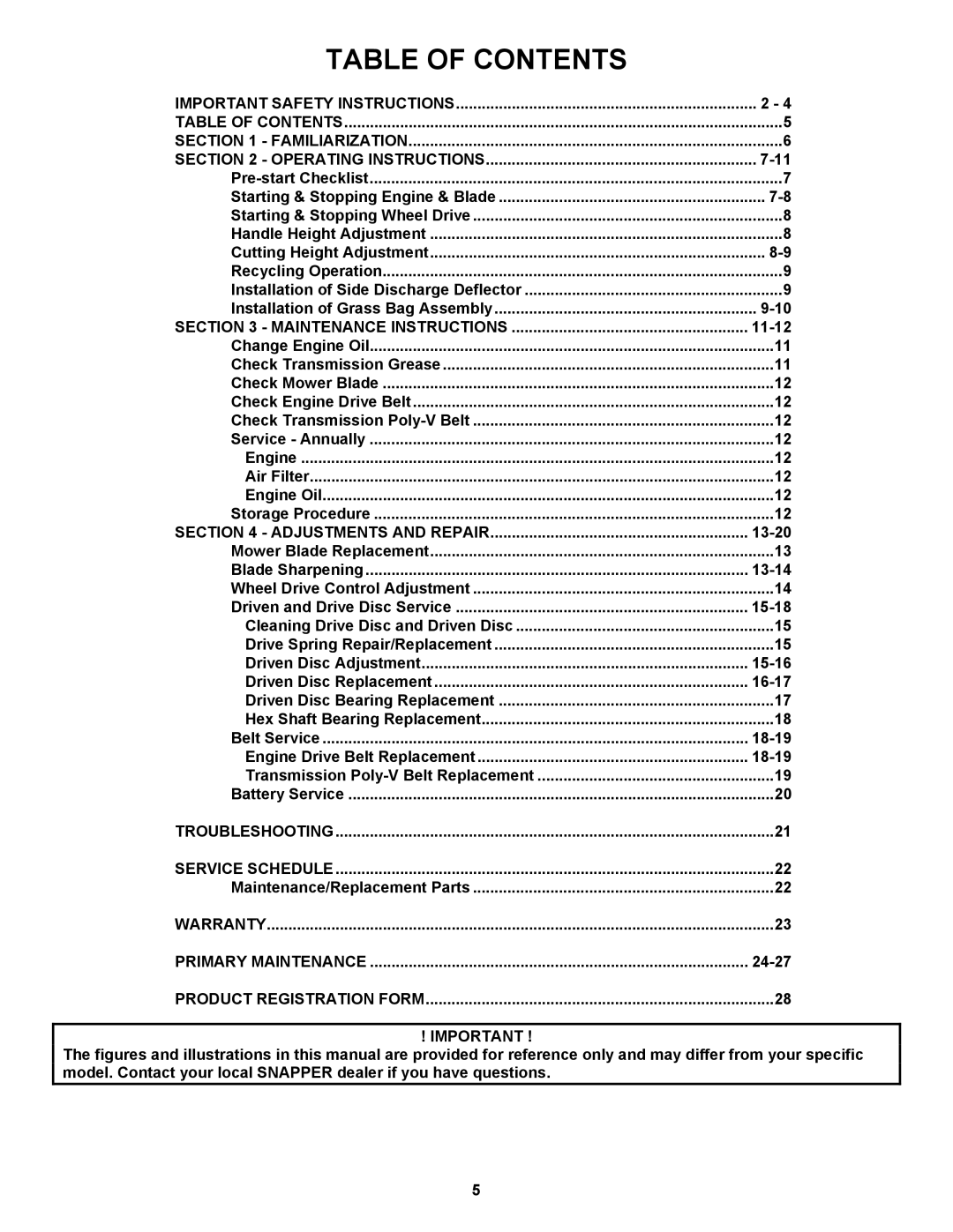 Snapper RP217019BVE, RP2167519B, RP216019KWV important safety instructions Table of Contents 