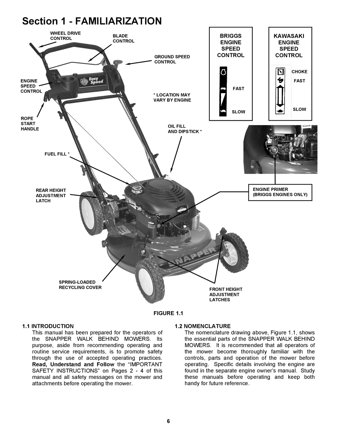 Snapper RP2167519B, RP217019BVE, RP216019KWV Briggs Engine Speed Kawasaki, Control, Introduction, Nomenclature 