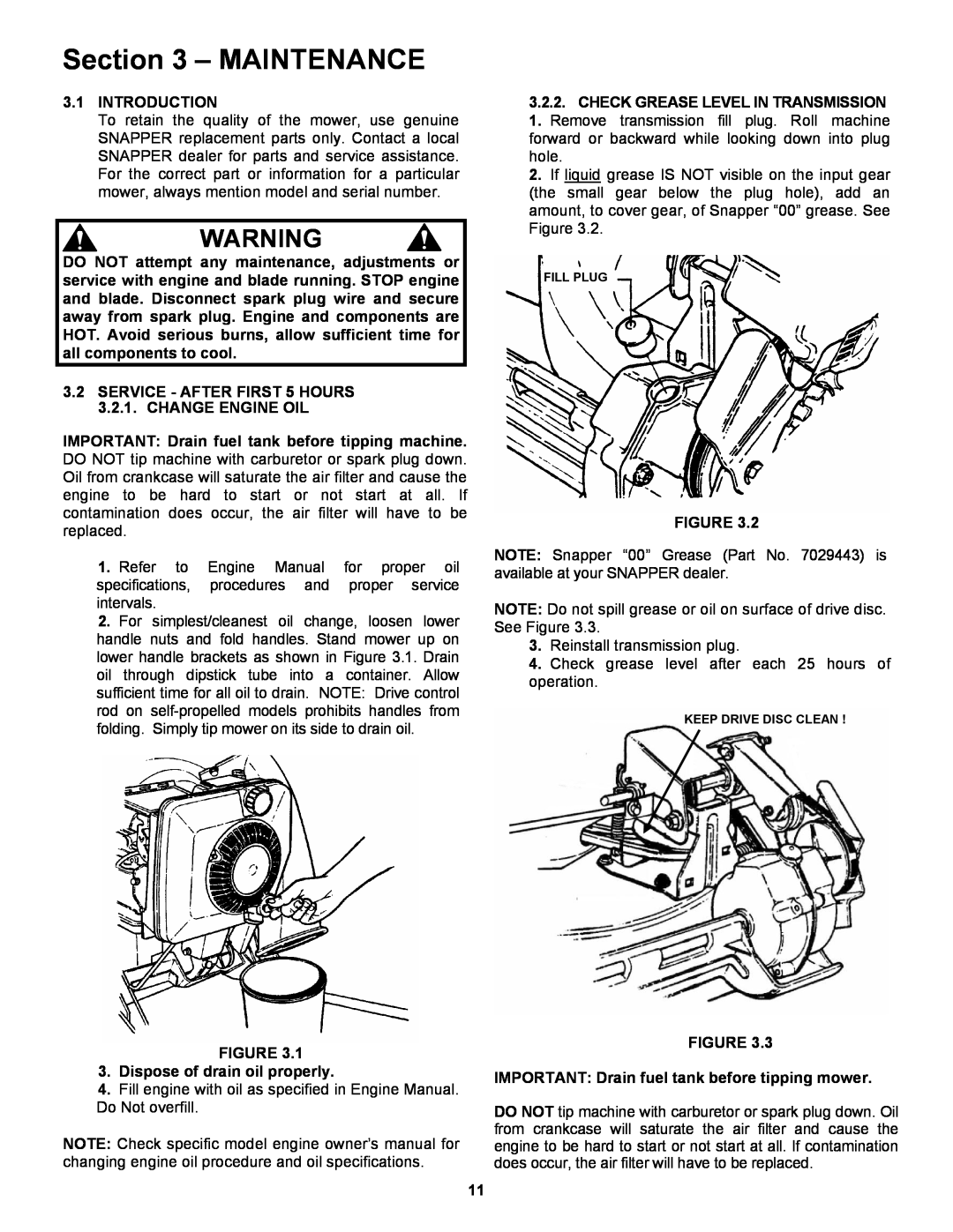 Snapper RP216019KWV, RP2167519B, RP217019BVE important safety instructions Maintenance 