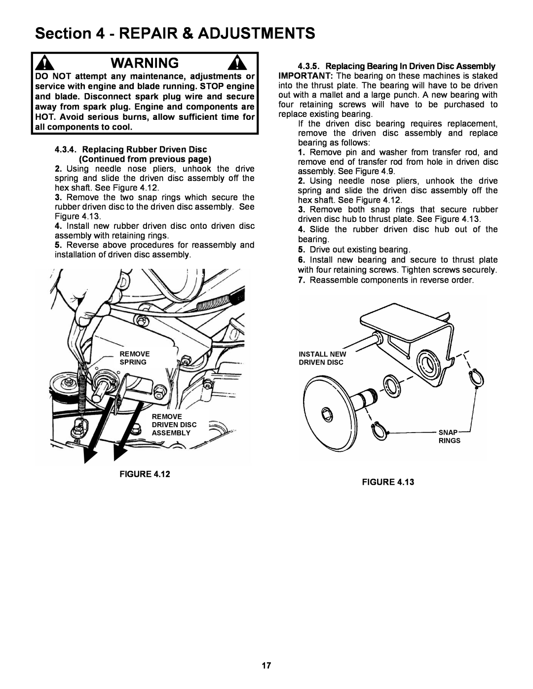 Snapper RP217019BVE, RP2167519B, RP216019KWV important safety instructions Repair & Adjustments, Figure Figure 