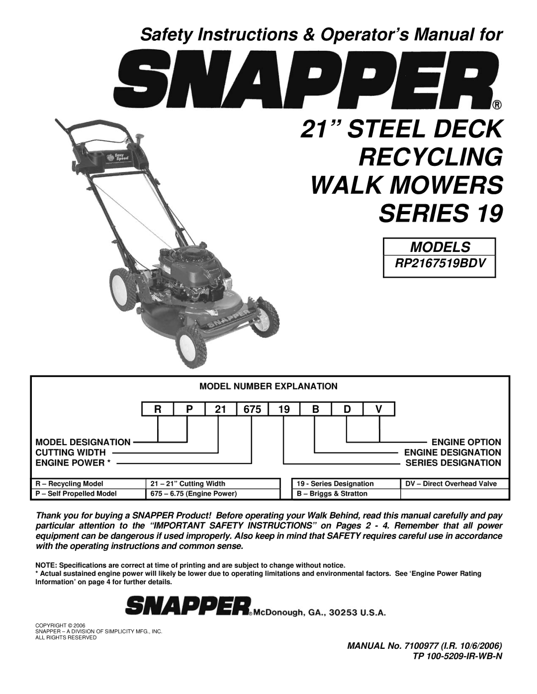 Snapper RP2167519BDV important safety instructions Model Number Explanation, Model Designation Cutting Width Engine Power 