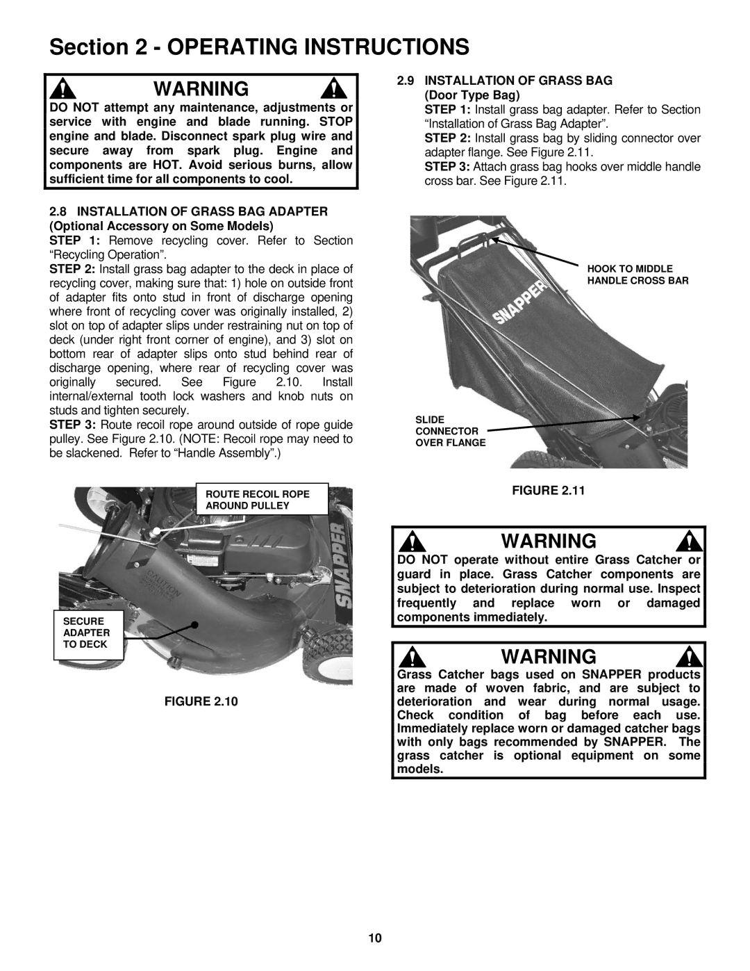 Snapper RP2167519BDV important safety instructions Installation of Grass BAG Door Type Bag 