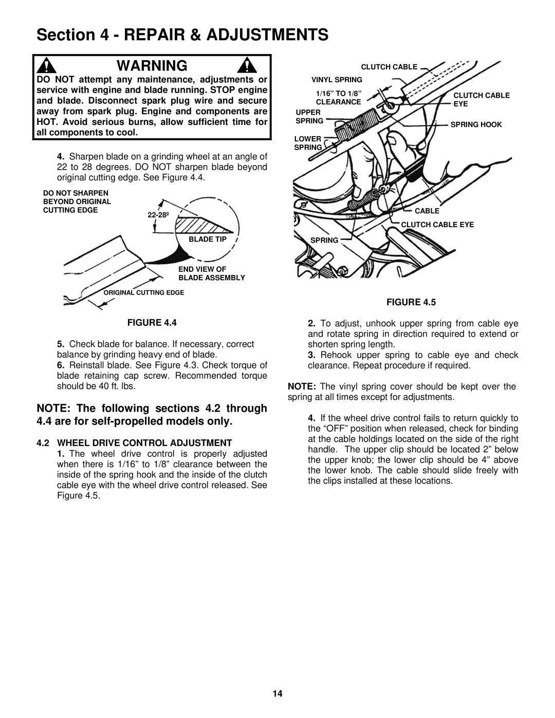 Snapper RP2167519BDV important safety instructions Wheel Drive Control Adjustment 