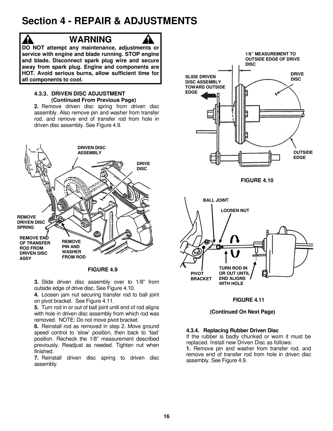 Snapper RP2167519BDV important safety instructions On Next Replacing Rubber Driven Disc 