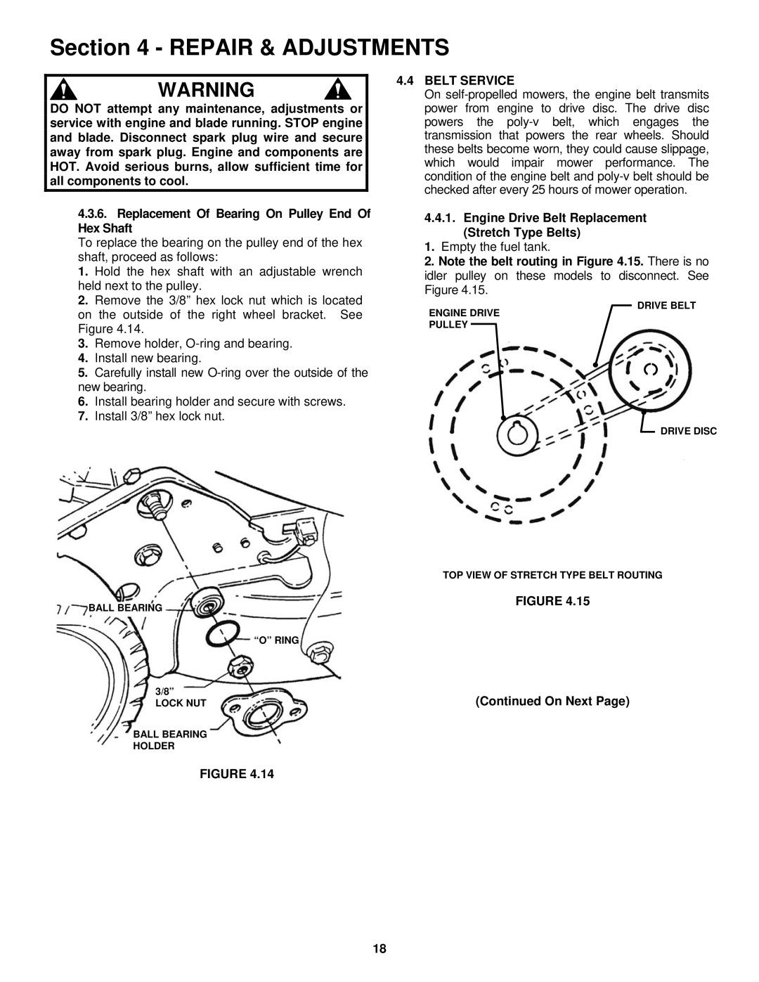 Snapper RP2167519BDV important safety instructions Belt Service, Engine Drive Belt Replacement Stretch Type Belts, On Next 