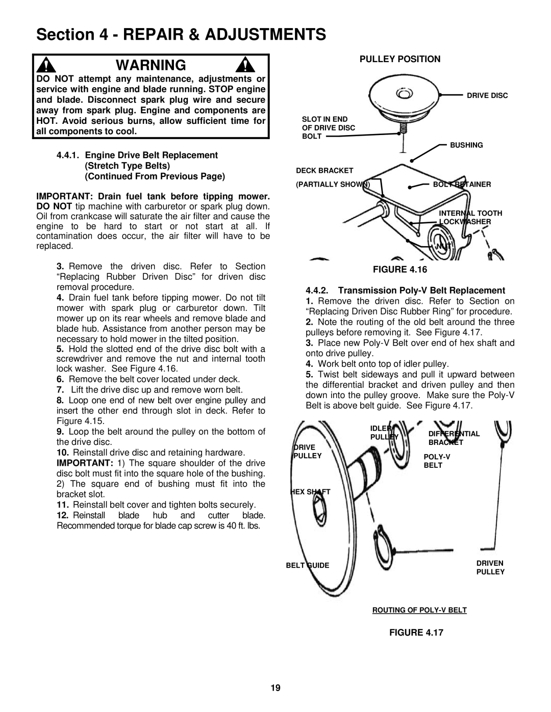 Snapper RP2167519BDV important safety instructions Pulley Position, Reinstall blade hub and cutter blade 