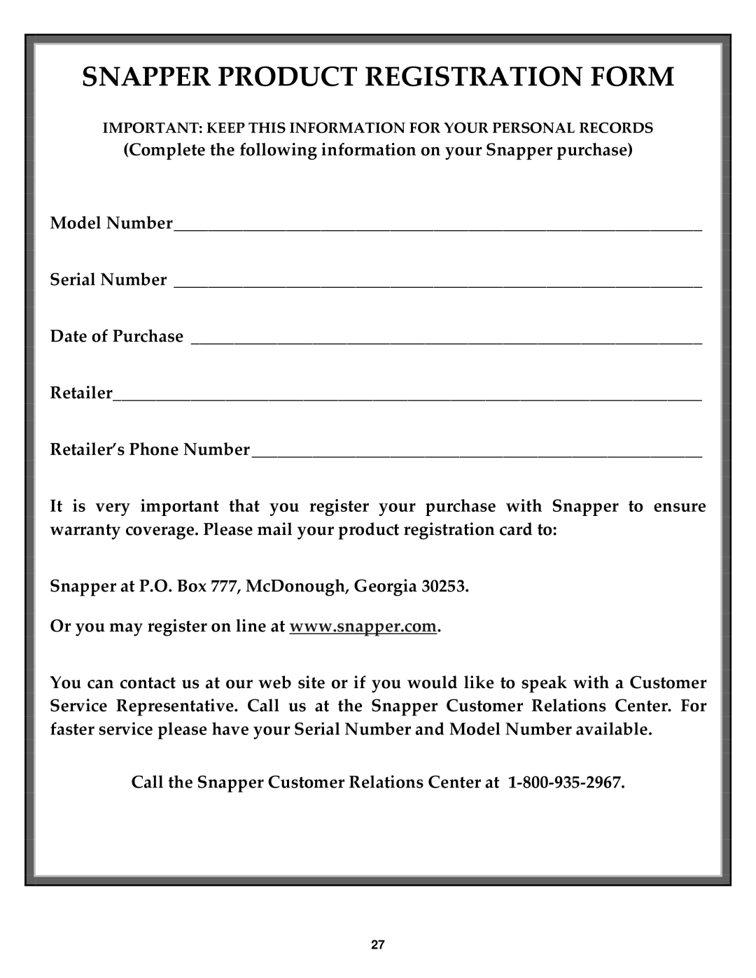 Snapper RP2167519BDV important safety instructions Snapper Product Registration Form 