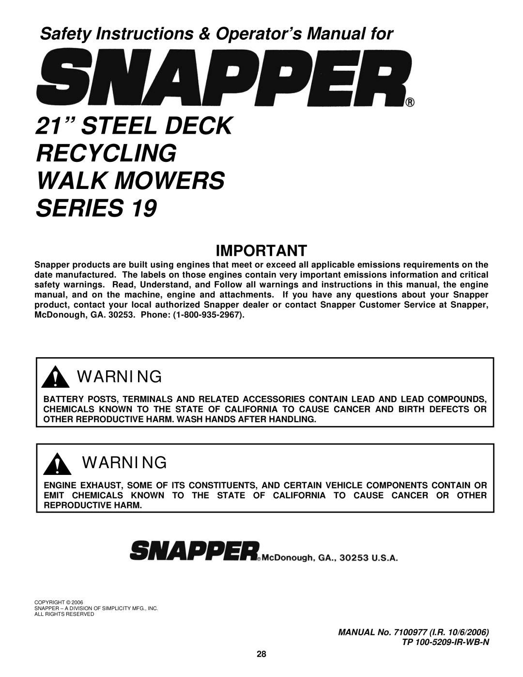 Snapper RP2167519BDV important safety instructions Steel Deck Recycling Walk Mowers Series 