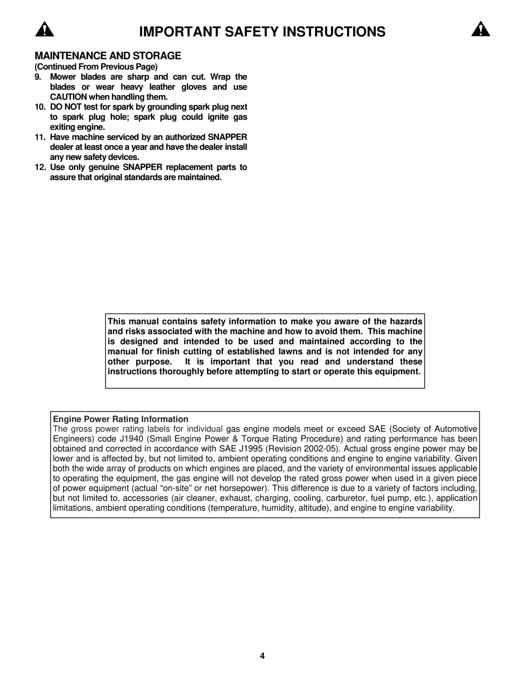 Snapper RP2167519BDV important safety instructions Engine Power Rating Information 