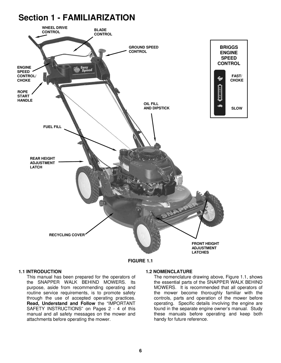 Snapper RP2167519BDV important safety instructions Briggs Engine Speed Control, Introduction, Nomenclature 