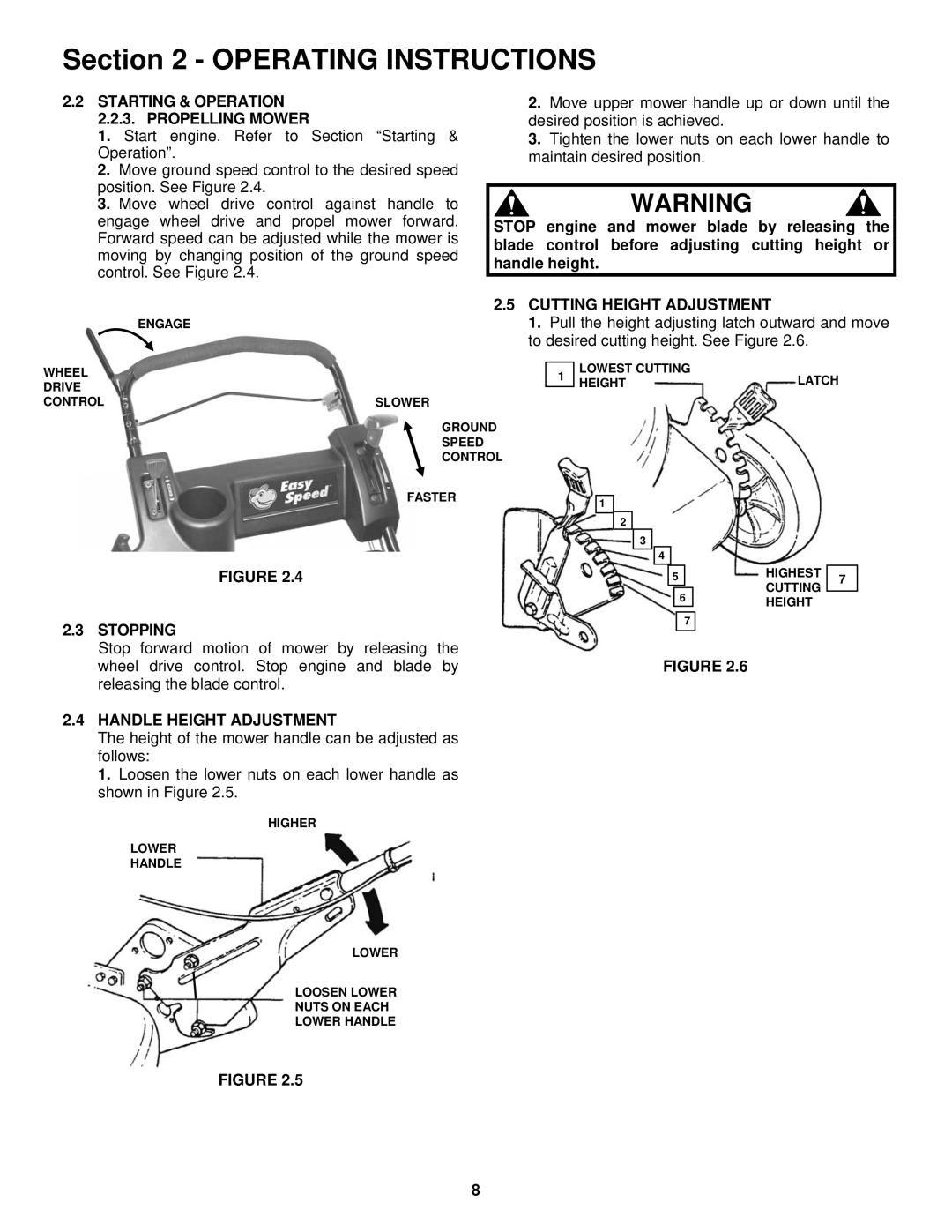 Snapper RP2167519BDV Starting & Operation 2.2.3. Propelling Mower, Cutting Height Adjustment, Stopping 