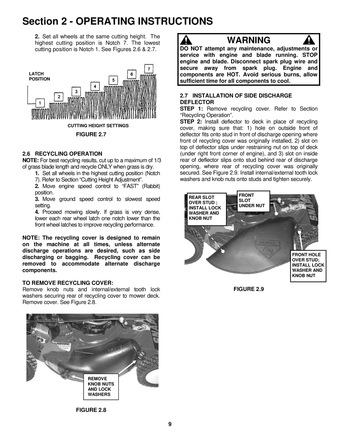 Snapper RP2167519BDV Recycling Operation, Installation of Side Discharge Deflector, To Remove Recycling Cover 