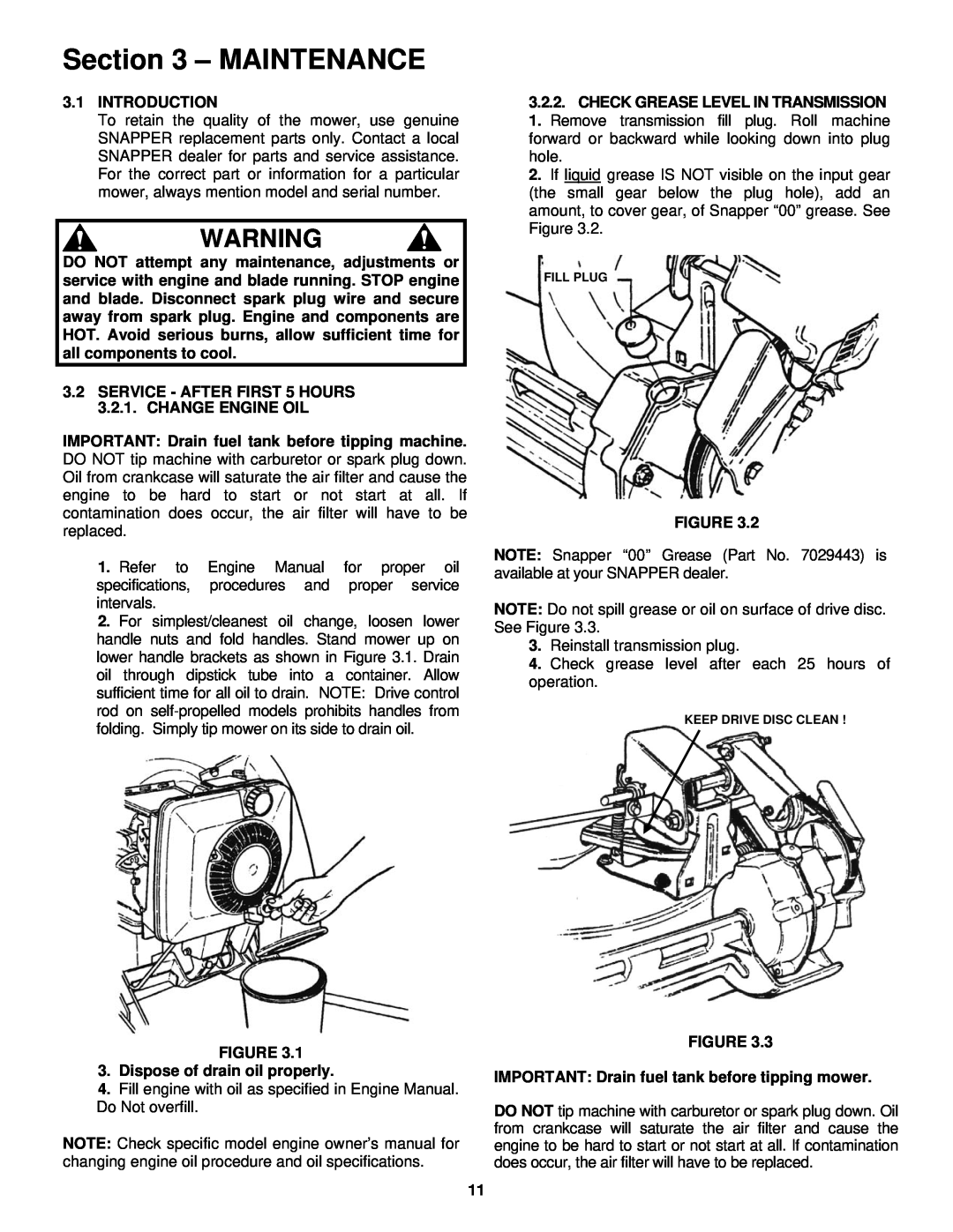 Snapper RP2167519BDV important safety instructions Maintenance 