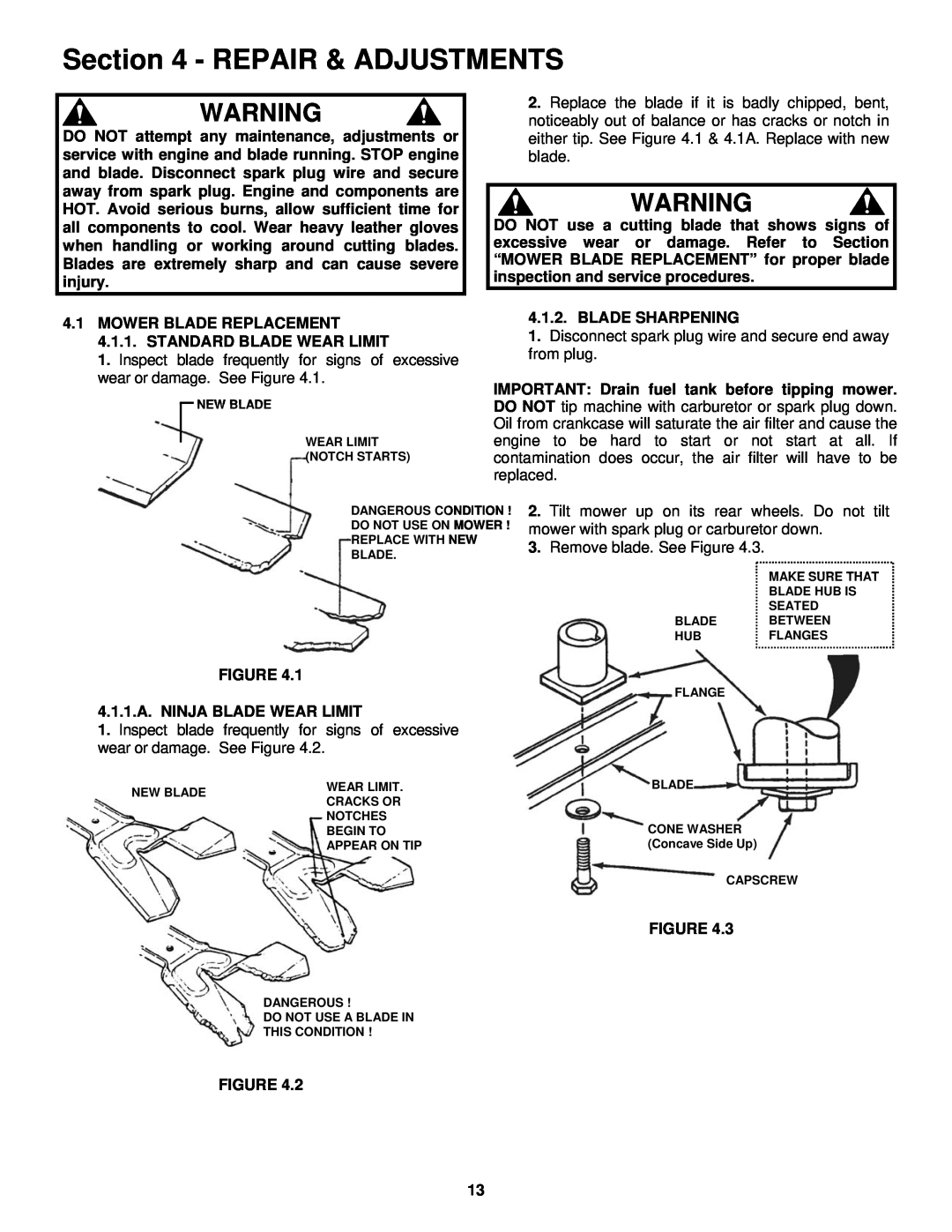 Snapper RP2167519BDV important safety instructions Repair & Adjustments 