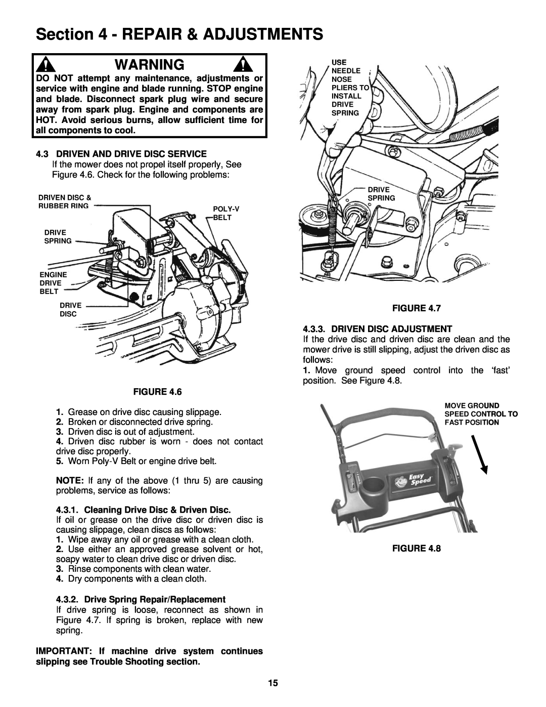 Snapper RP2167519BDV important safety instructions Repair & Adjustments, Driven And Drive Disc Service 