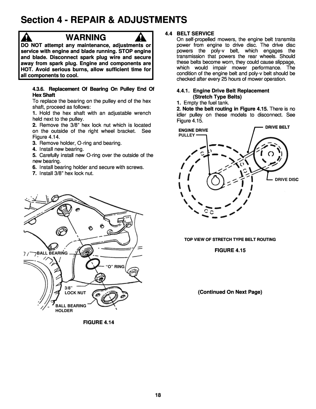 Snapper RP2167519BDV important safety instructions Repair & Adjustments, Replacement Of Bearing On Pulley End Of 