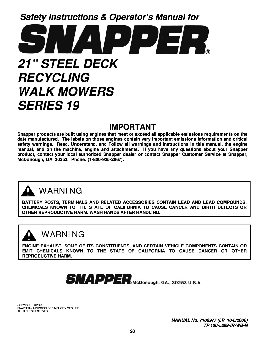 Snapper RP2167519BDV 21” STEEL DECK RECYCLING WALK MOWERS SERIES, Safety Instructions & Operator’s Manual for 
