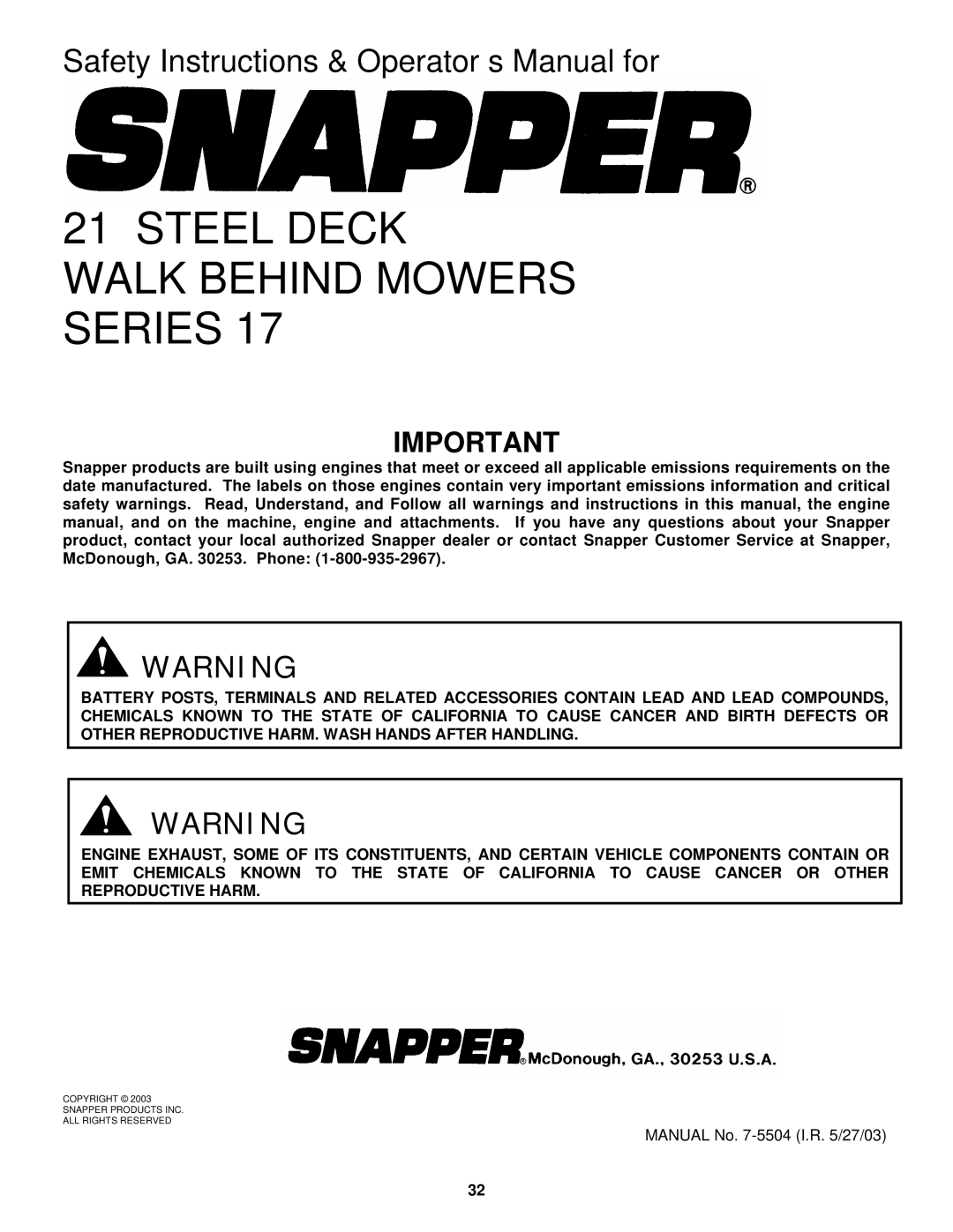 Snapper RP217017BVE, RP215517HC, MRP215517B, MR216517B, R215517HC Steel Deck Walk Behind Mowers Series 