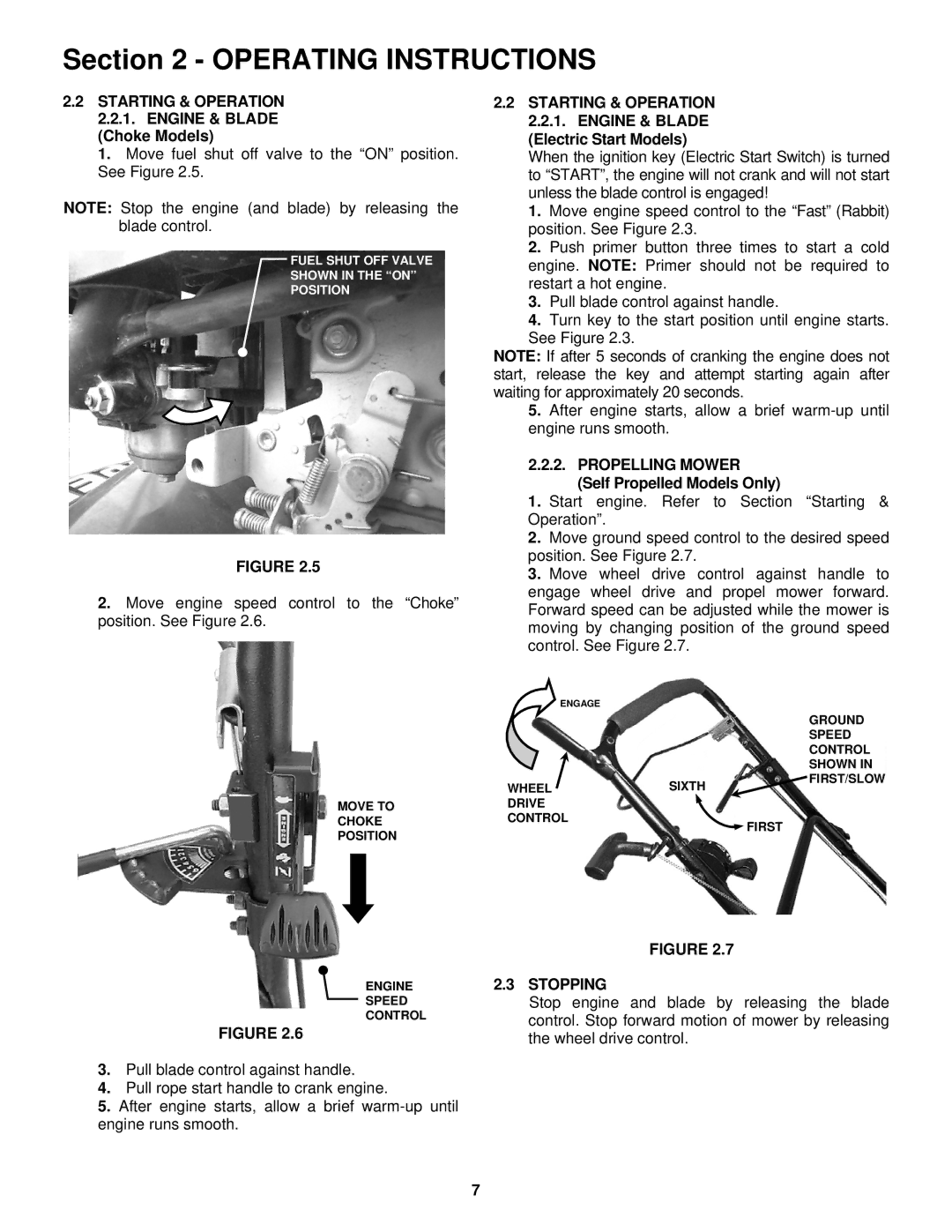 Snapper RP215517HC Starting & Operation 2.2.1. Engine & Blade Choke Models, Propelling Mower Self Propelled Models Only 