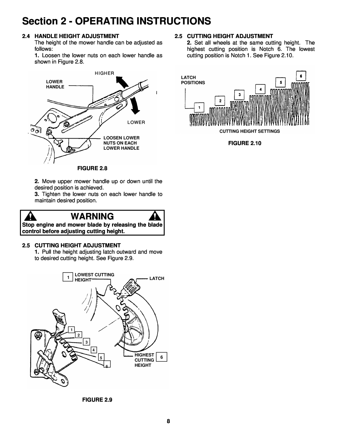 Snapper RP217017BVE, RP215517HC Operating Instructions, The height of the mower handle can be adjusted as follows 