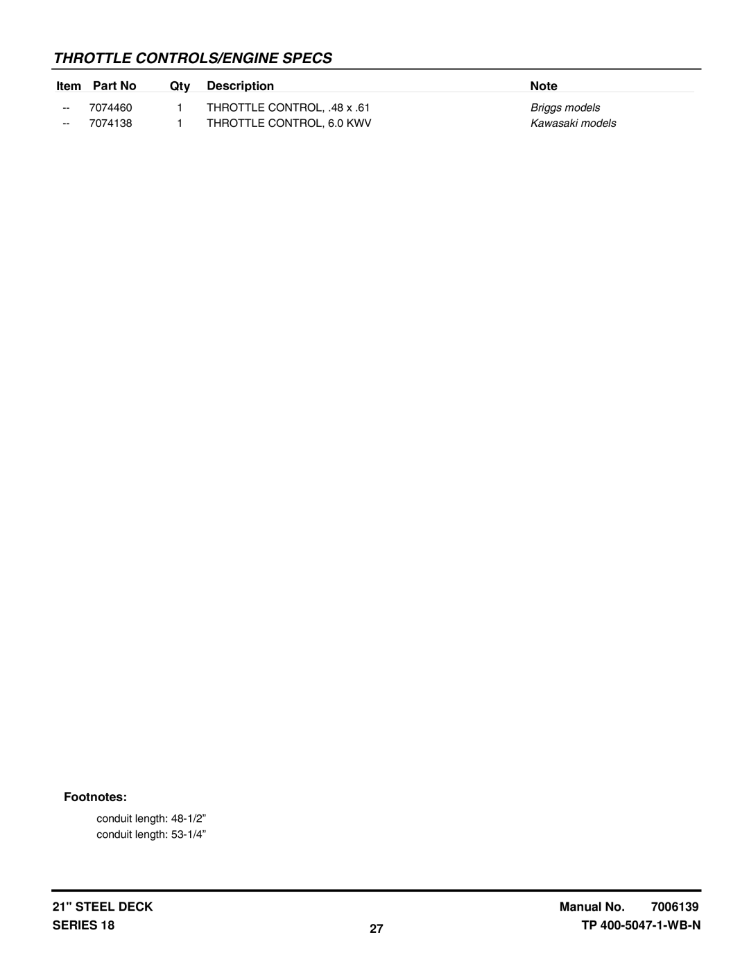 Snapper RP217018BVE, RP216018KWV, P216518B, ERP217018BV, EP217018BV manual Conduit length 48-1/2 Conduit length 53-1/4 