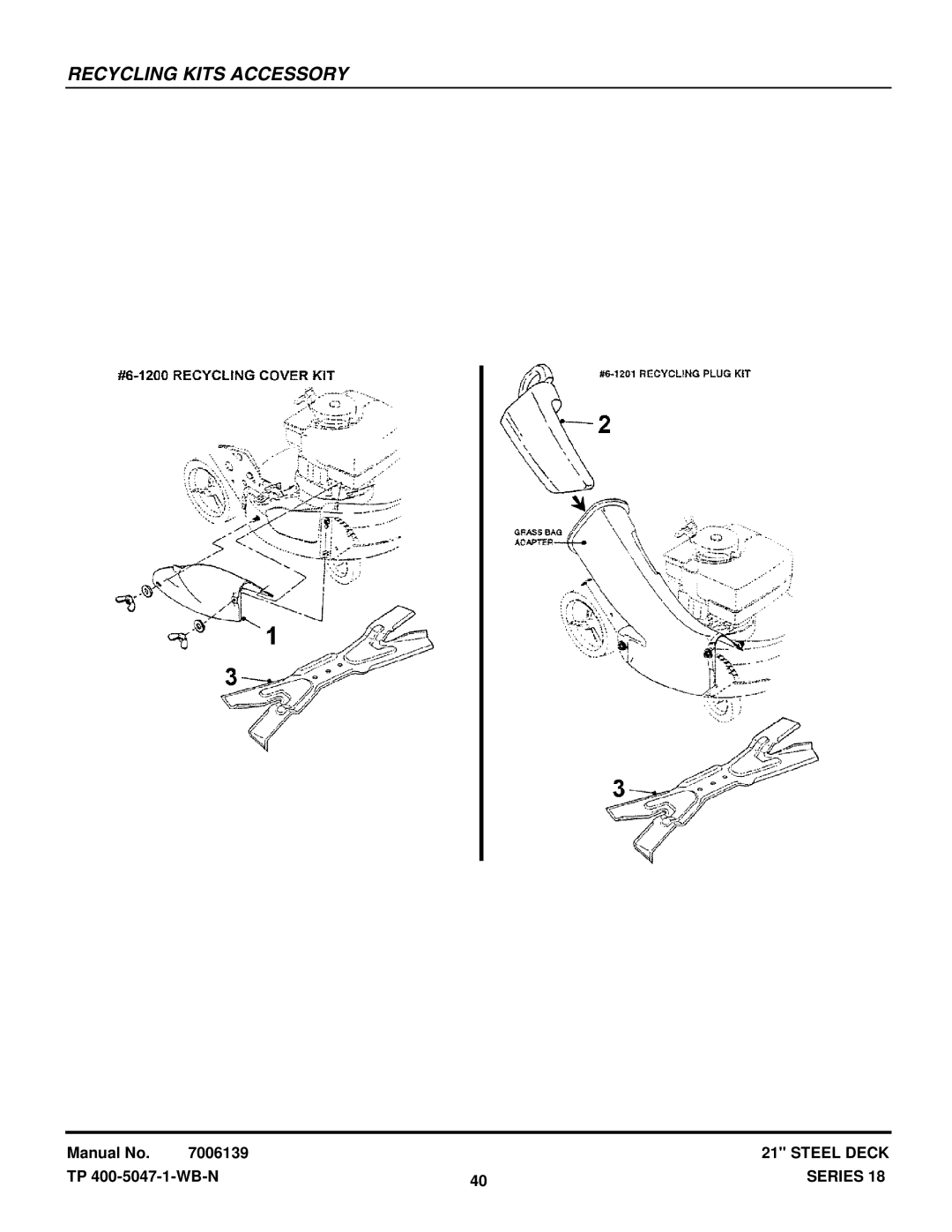 Snapper RP217018BVE, RP216018KWV, P216518B, ERP217018BV, EP217018BV manual Recycling Kits Accessory 