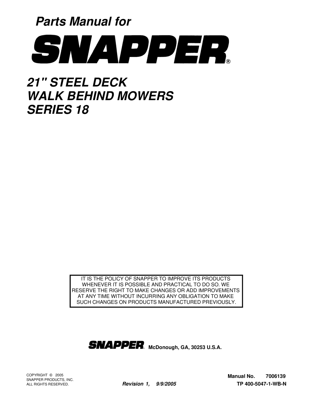 Snapper RP217018BVE, RP216018KWV, P216518B, ERP217018BV, EP217018BV manual Steel Deck Walk Behind Mowers Series 