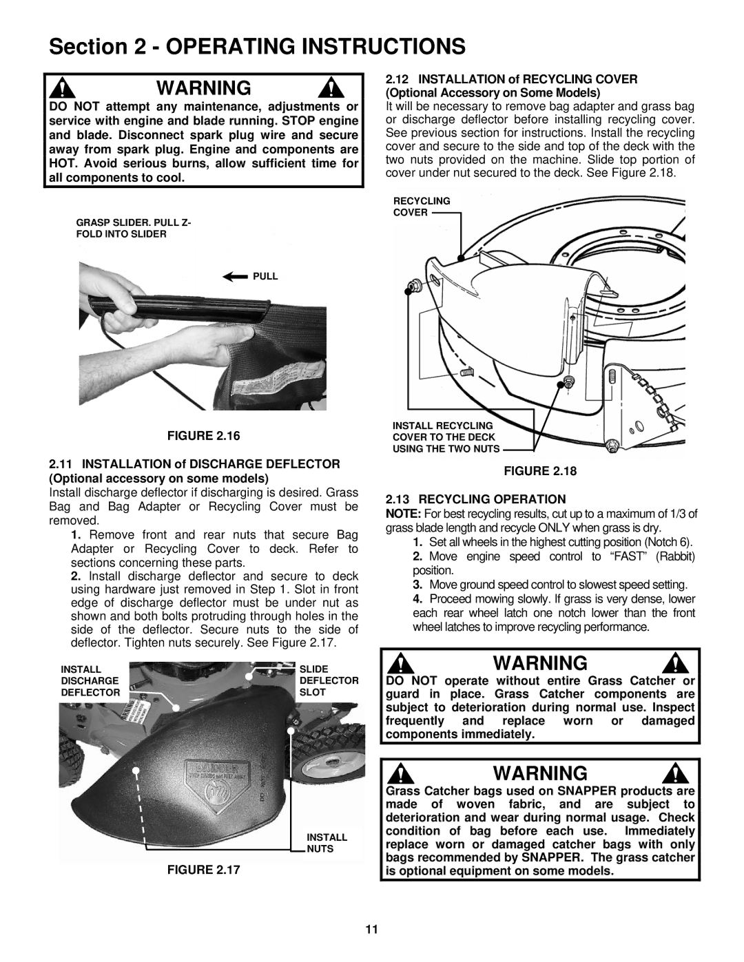 Snapper RP217018BVE, RP216018KWV, P2167518BV important safety instructions Recycling Operation 