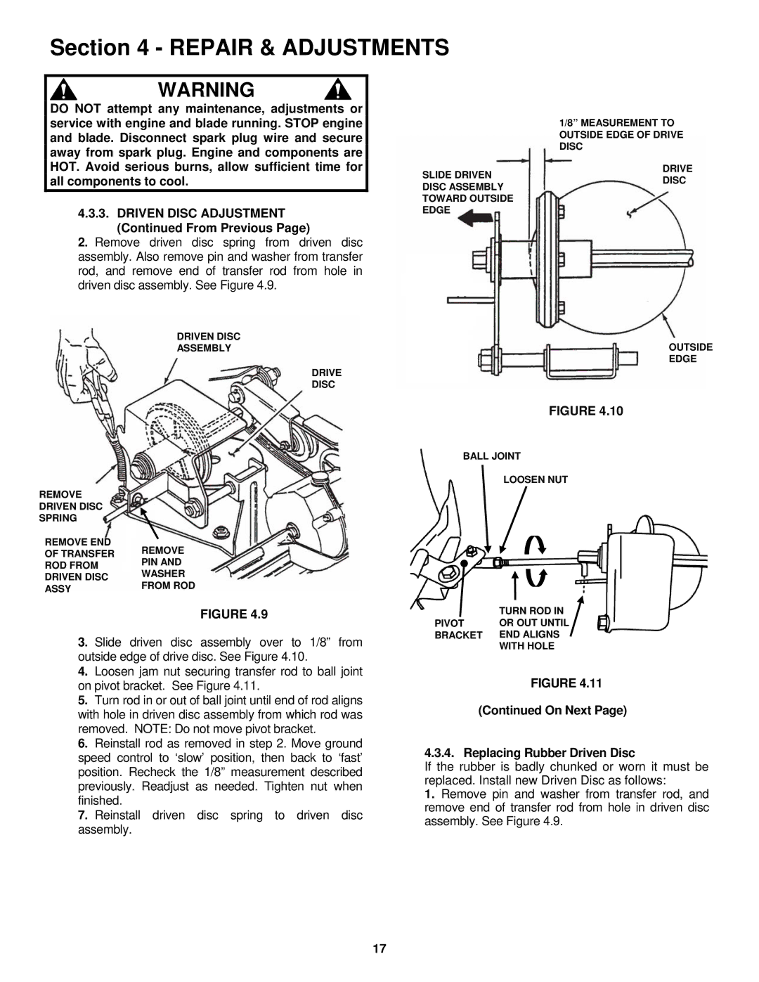 Snapper RP217018BVE, RP216018KWV, P2167518BV important safety instructions On Next Replacing Rubber Driven Disc 