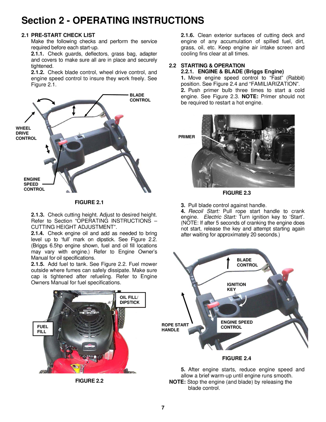 Snapper P216018KWV, RP217018BVE, 2167518B PRE-START Check List, Starting & Operation, Engine & Blade Briggs Engine 