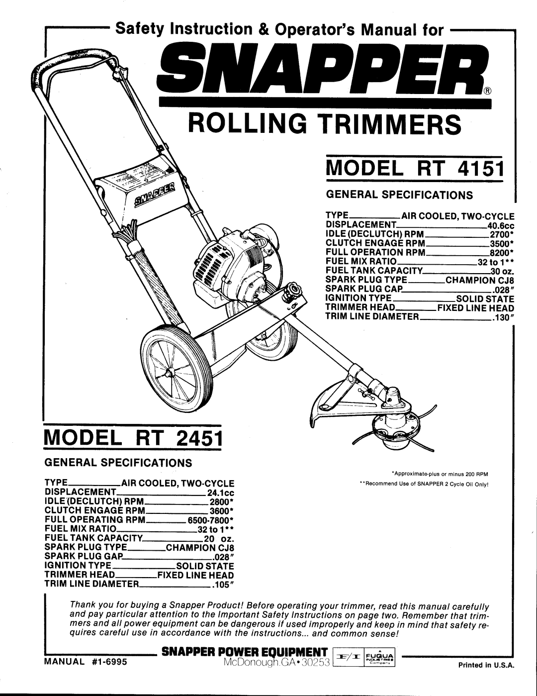 Snapper RT 2451 manual 