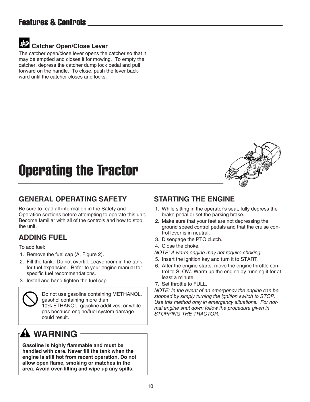 Snapper RT Series manual General Operating Safety, Adding Fuel, Catcher Open/Close Lever 