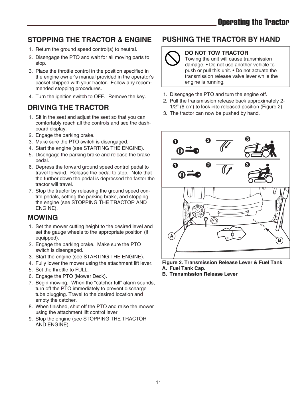 Snapper RT Series manual Operating the Tractor, Stopping the Tractor & Engine, Driving the Tractor, Mowing 