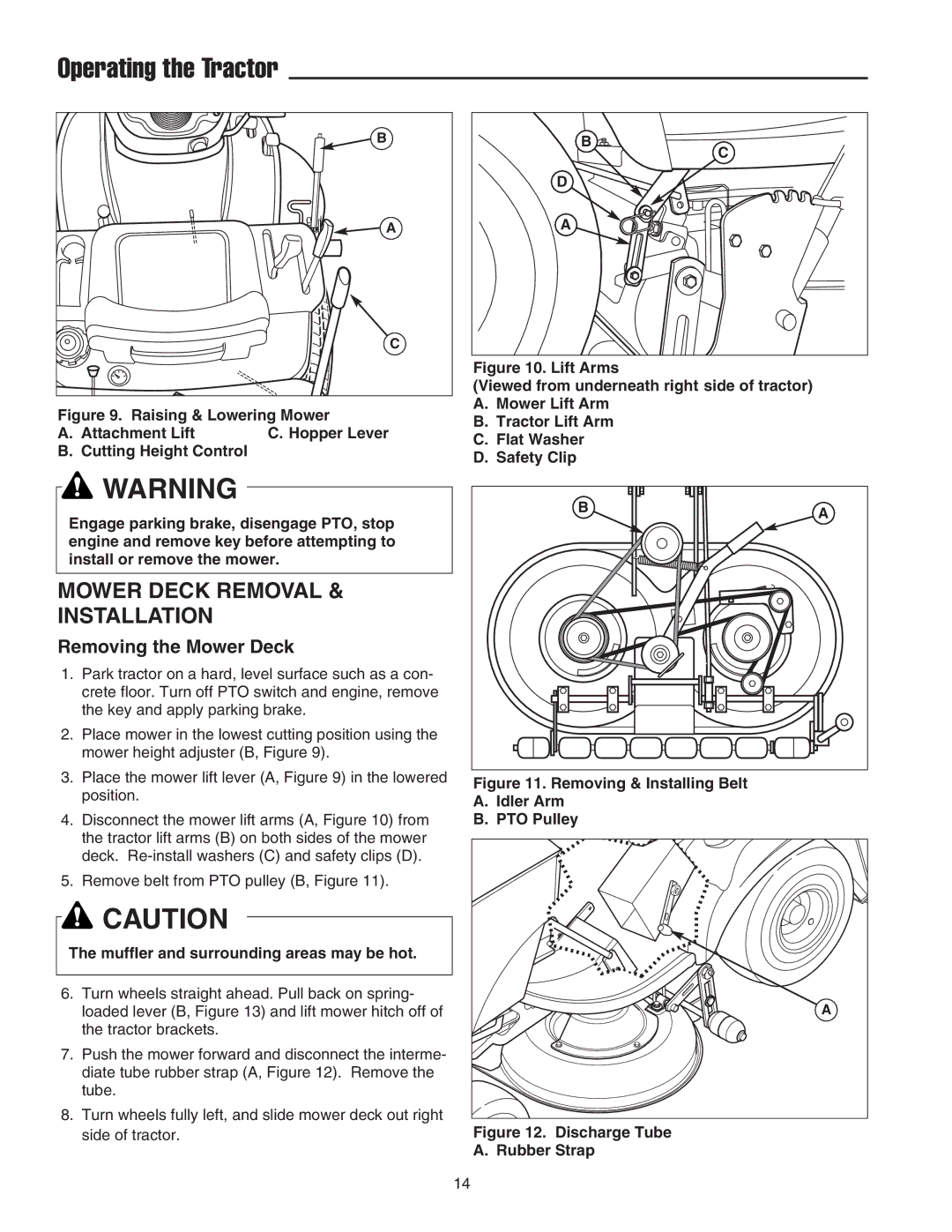 Snapper RT Series manual Mower Deck Removal Installation, Removing the Mower Deck, Muffler and surrounding areas may be hot 