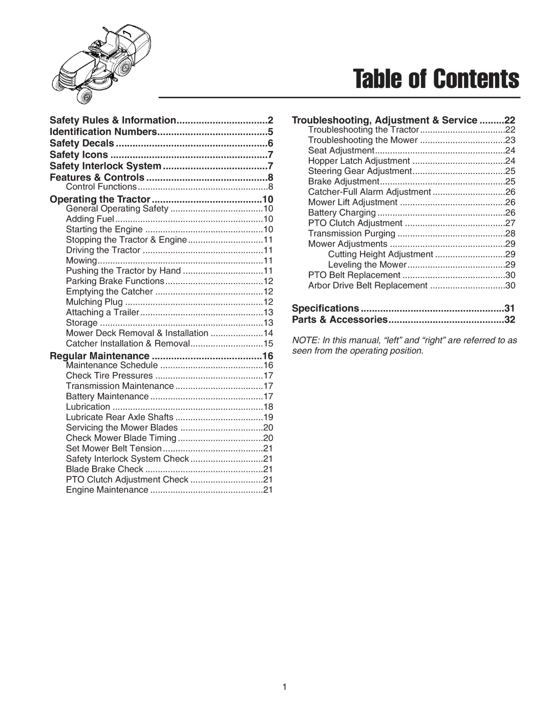 Snapper RT Series manual Table of Contents 