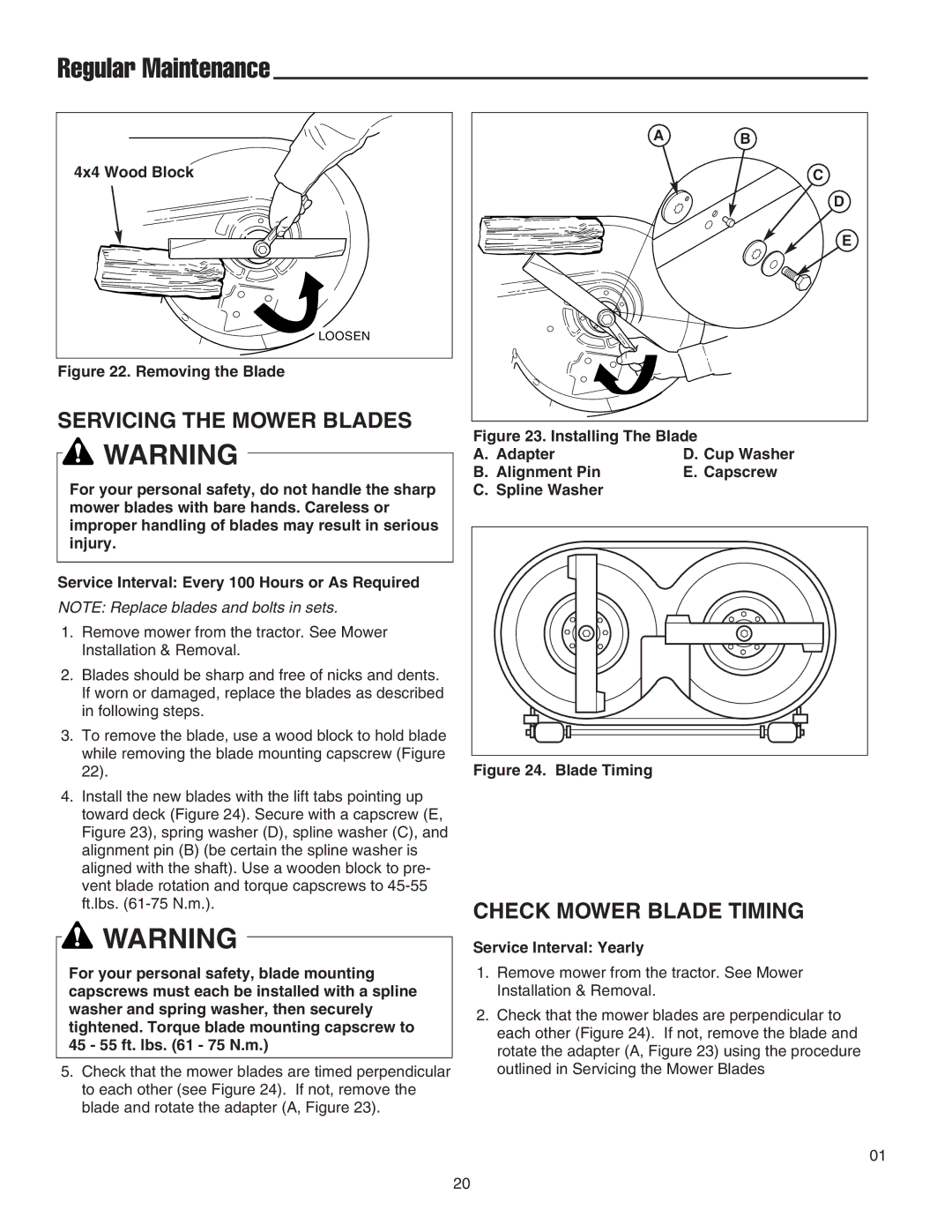 Snapper RT Series manual Servicing the Mower Blades, Check Mower Blade Timing, 4x4 Wood Block 