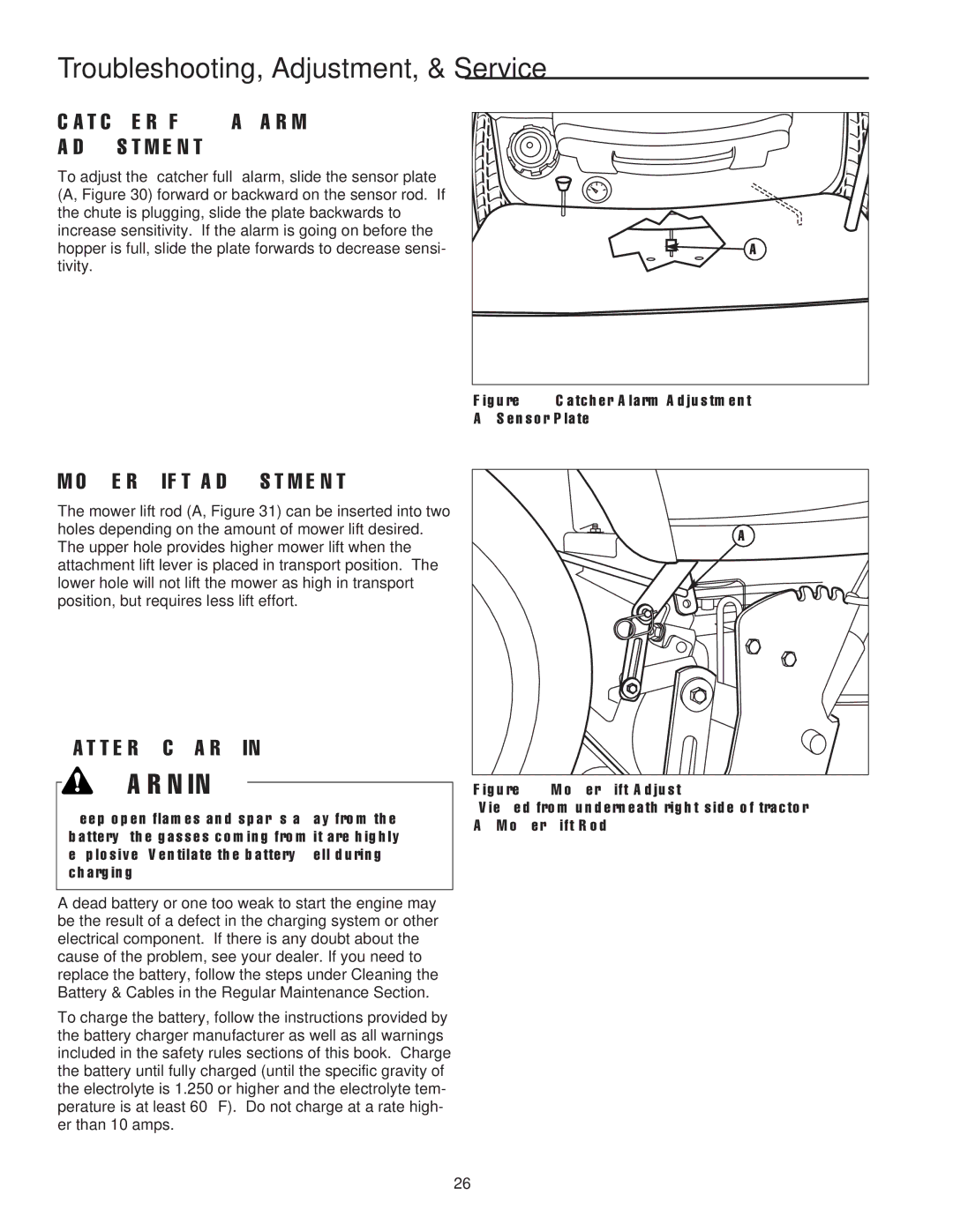 Snapper RT Series manual Troubleshooting, Adjustment, & Service, CATCHER-FULL Alarm Adjustment, Mower Lift Adjustment 