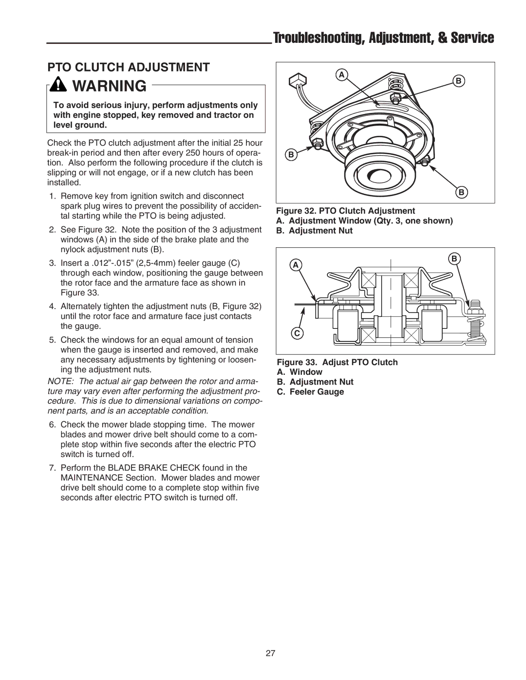 Snapper RT Series manual PTO Clutch Adjustment, Adjust PTO Clutch Window Adjustment Nut Feeler Gauge 