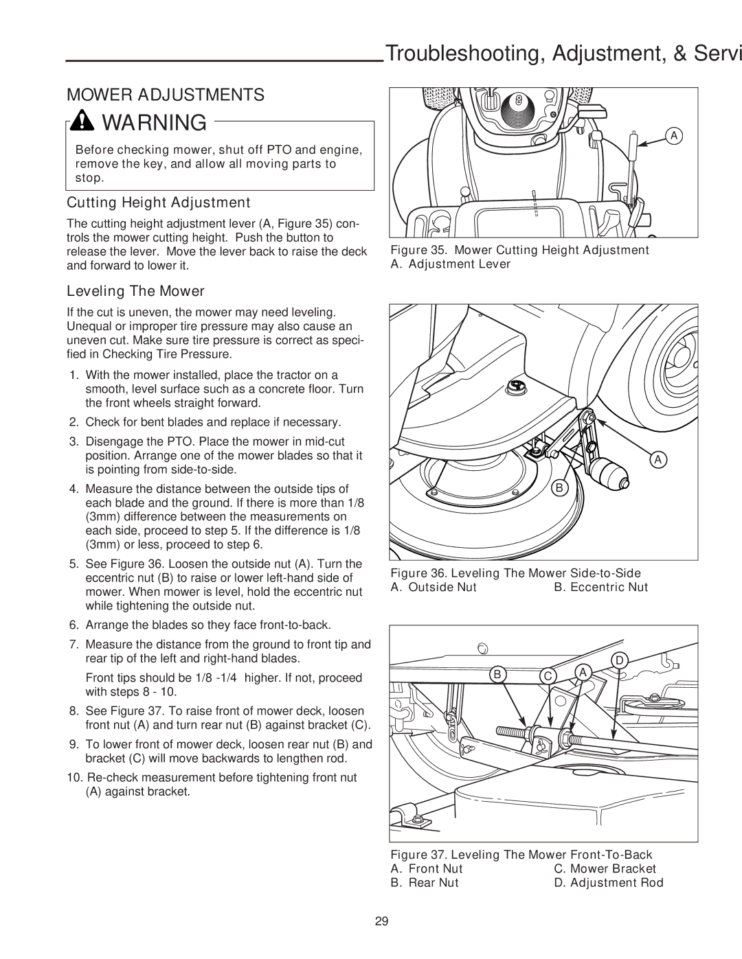 Snapper RT Series manual Mower Adjustments, Cutting Height Adjustment, Leveling The Mower 