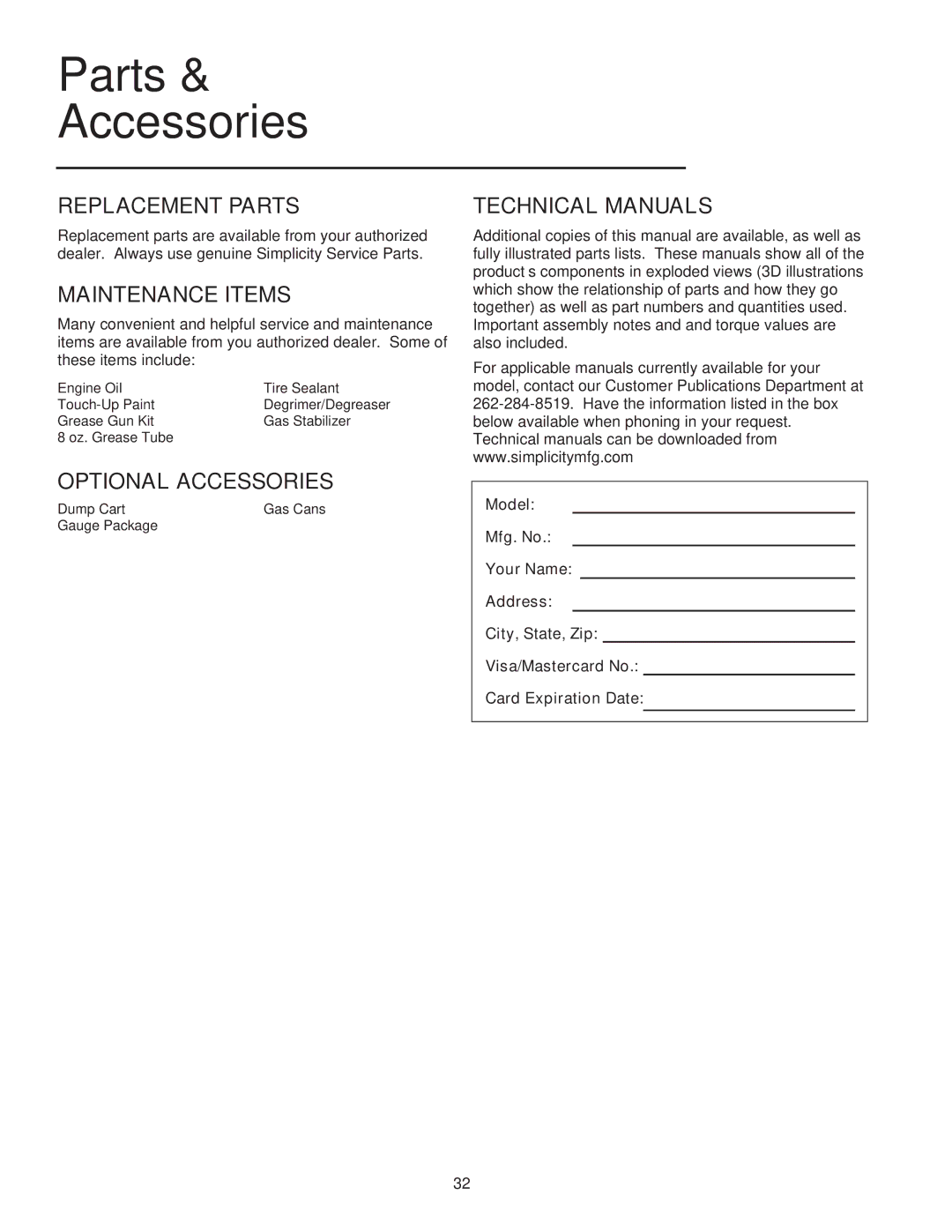 Snapper RT Series manual Replacement Parts, Maintenance Items, Technical Manuals, Optional Accessories 